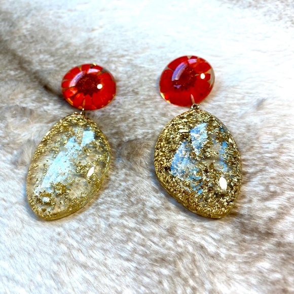 ASOS Women's Drop Earrings Long Earrings Jewelry Red Flowers in Gold - Picture 3 of 5